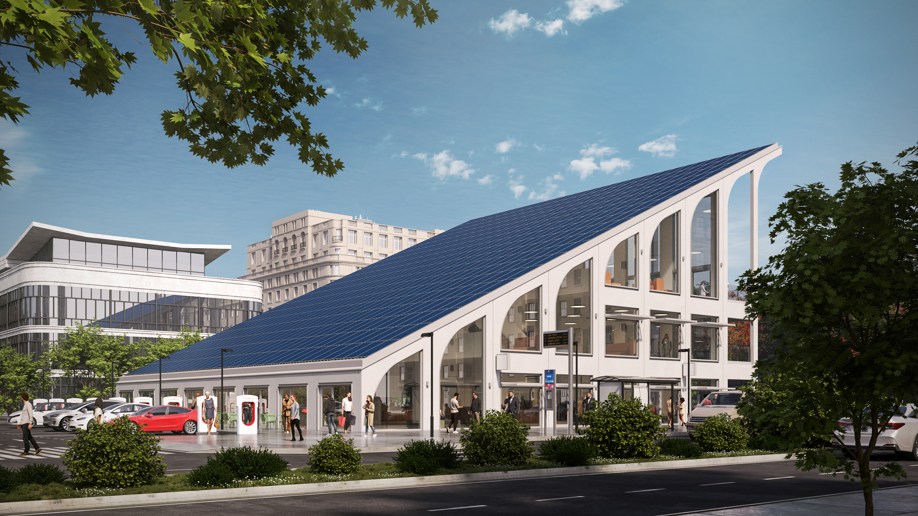 Professional visualization of the CyberCenter concept: a broad sloping solar roof above a multistory building, with glass-fronted spaces and electric vehicle charging at street level.