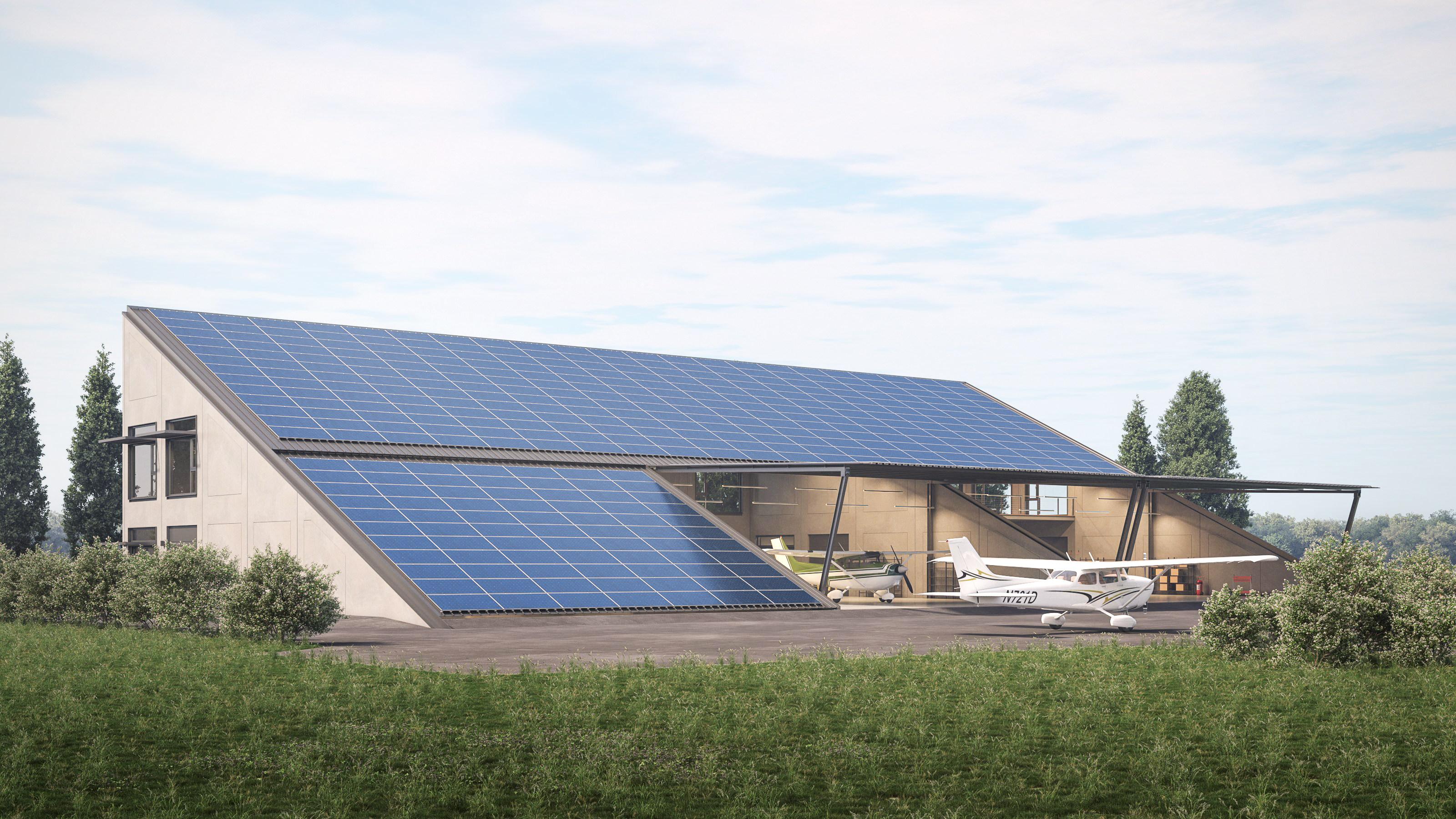 CyberHangar concept visualization with extensive solar panels, open aircraft doors, and two small airplanes beneath the sloping roof.