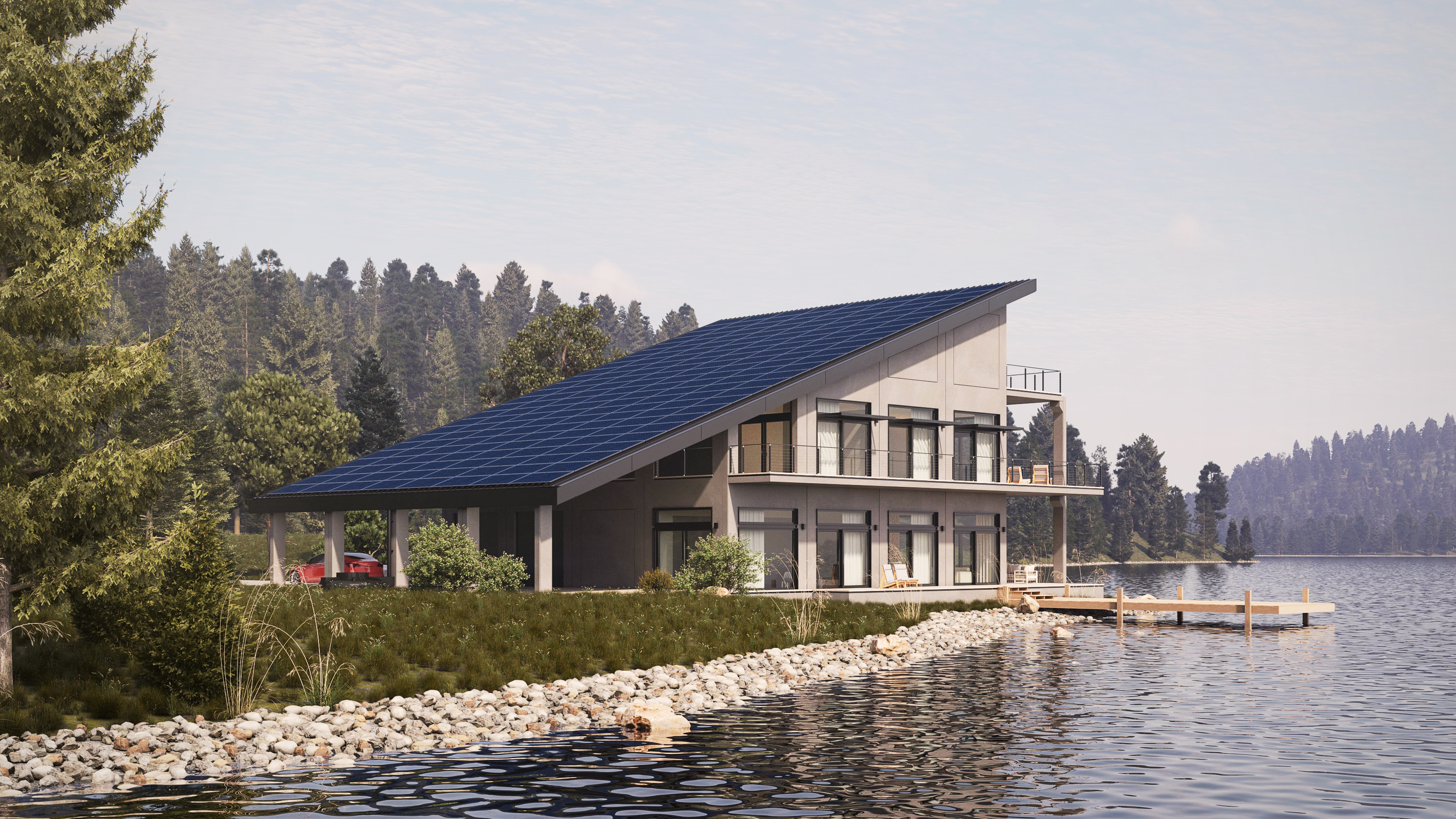 CyberHouse concept visualization beside a lake: a two-story home with balconies and a broad solar roof extending over covered parking.