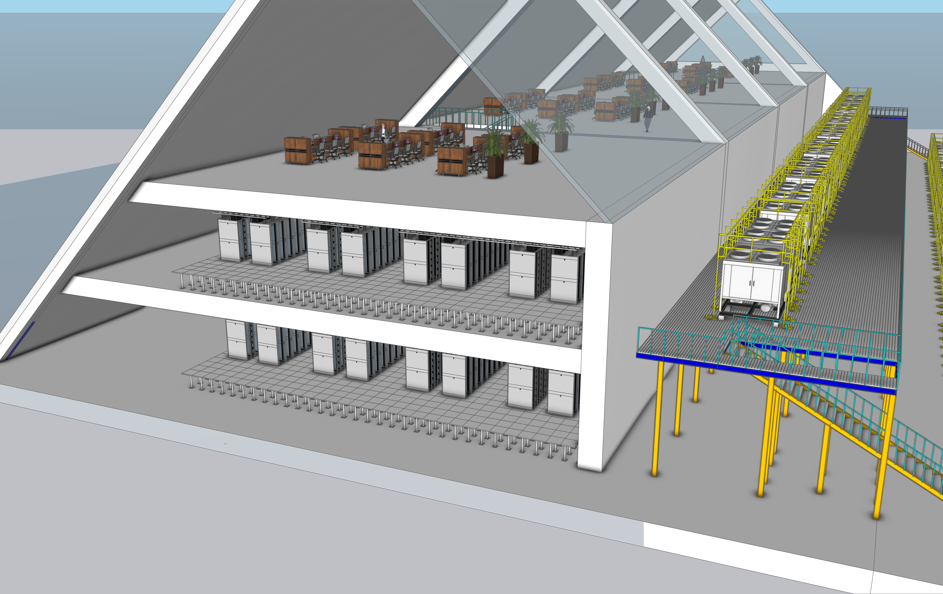 Cutaway design model showing two data center floors below an open office level, with external cooling equipment and access platforms.