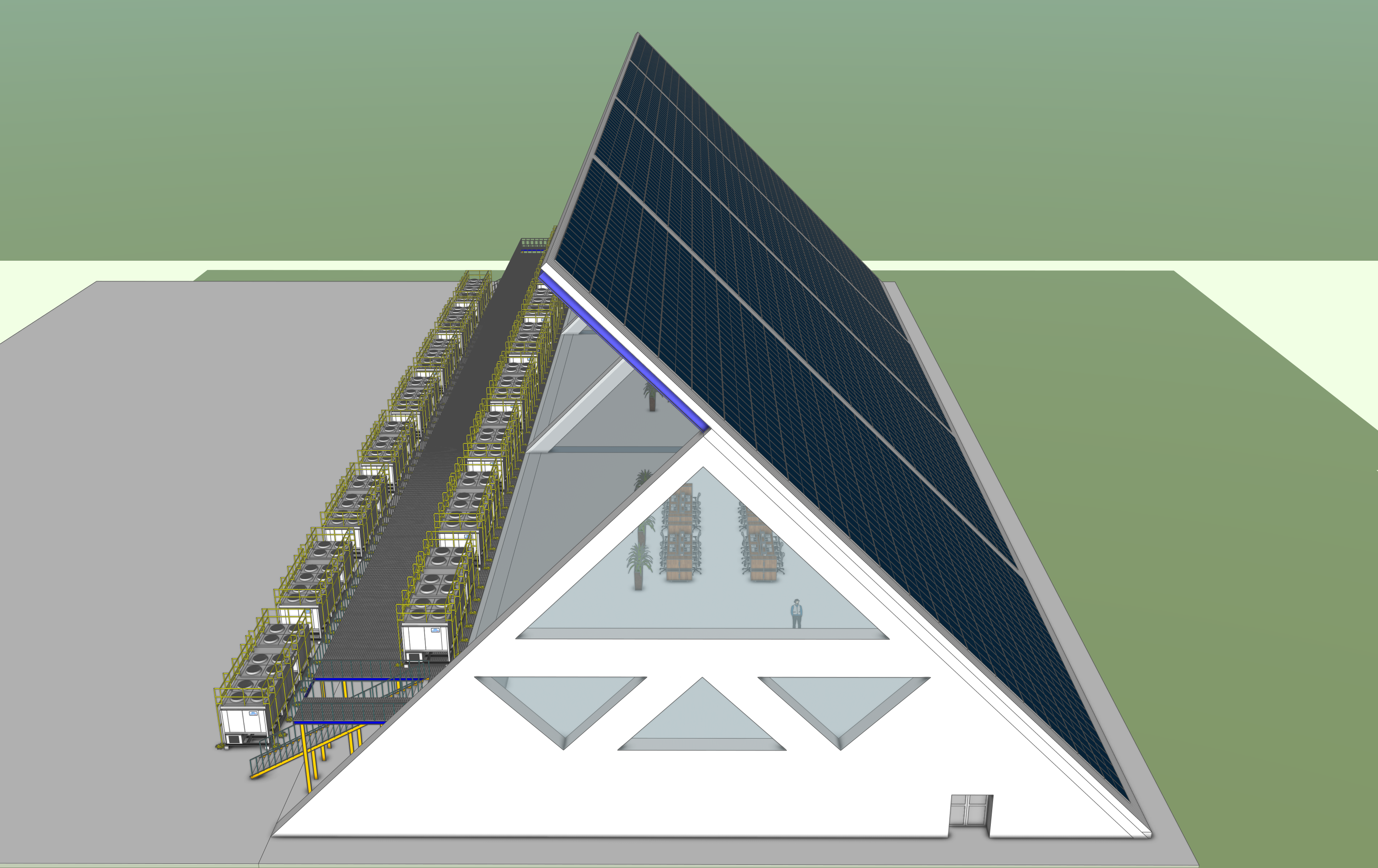 CyberDatacenter concept model with a steep solar roof, concrete A-frame structure, and rows of cooling equipment alongside.