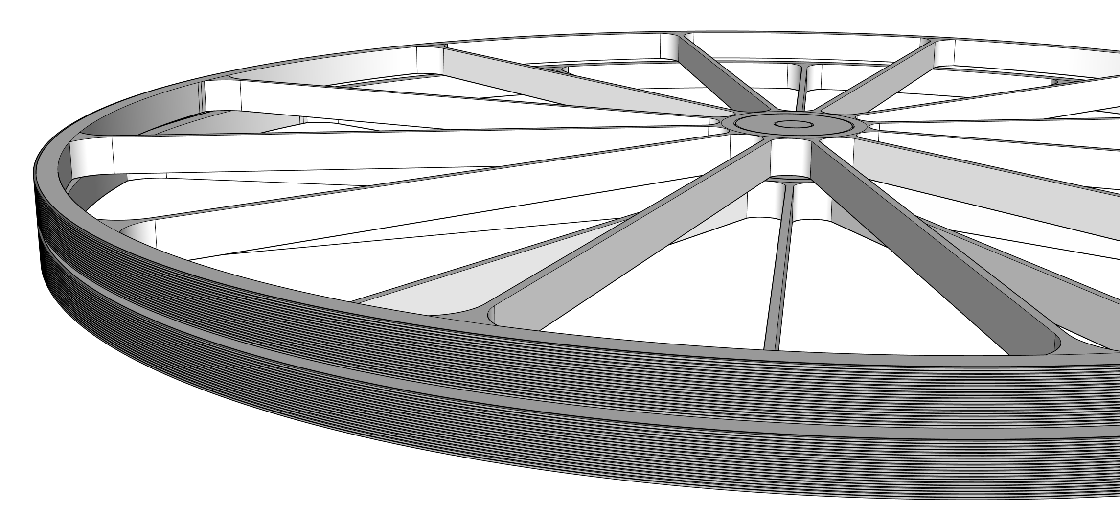 Galen’s early flywheel design study, showing a broad circular rim joined to a central hub by structural spokes.